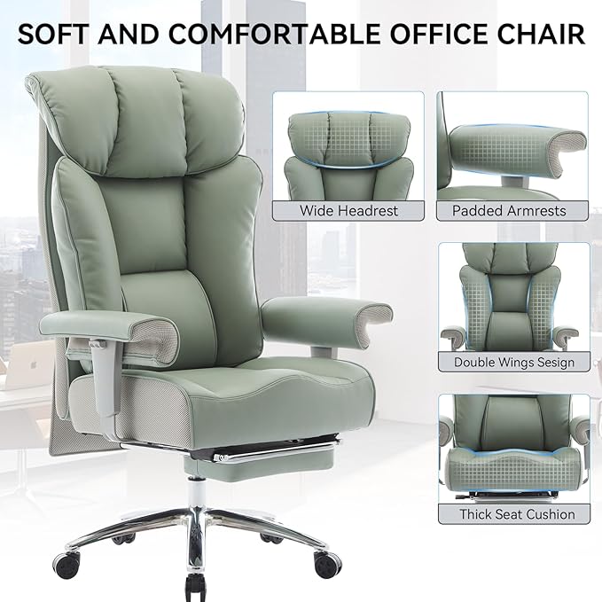 Efomao Big and Tall Green Office Chair 450LBS – Ergonomic High-Back Executive Chair with Footrest, Adjustable Padded Armrests, PU Leather Computer Chair with Lumbar Support for Home or Office，Green