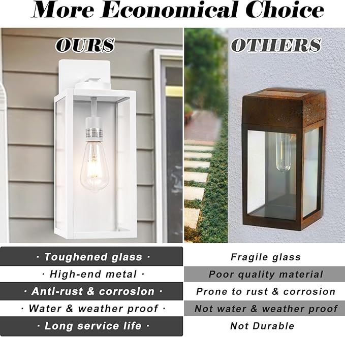 16-inch Large Outdoor Wall Light Fixture, White Exterior Wall Lantern Waterproof, Farmhouse Porch Sconce Lighting with Glass, Modern Outside Lights for House, Garage, Patio Lamp, 2 Packs