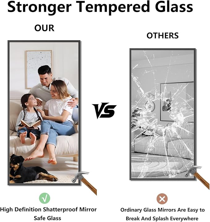 Koonmi Bathroom Mirror for Wall, 24"x48" Black Bathroom Mirror for Over Sink, Shatterproof Tempered Glass Vanity Mirror with Anti-Rust Aluminum Alloy Frame, Hang Horizontally or Vertically