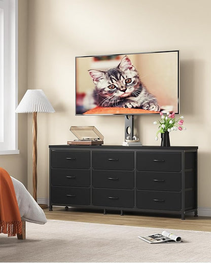TV Stand with Mount for 32/55/65/75/85 inch TVs, Entertainment Center with 9 Fabric Drawers Dresser Storage, Height Adjustable Media Console