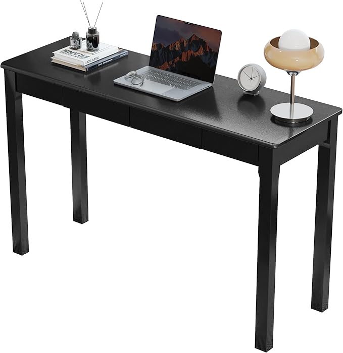 Solid Wood Desk with Drawers - 47 x 16 Inch Modern Narrow Desks, Rubber Wood Study Table, Small Writing Desk for Small Spaces|Bedroom - Black Desks