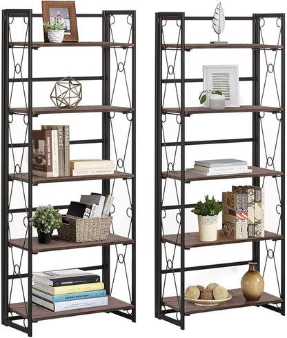 VECELO Folding Bookshelf, 5 Shelf Folding Bookcase No Assembly, Industrial Metal Freestanding Shelves Rack Organizer for Living Room, Office, Bedroom, Kitchen