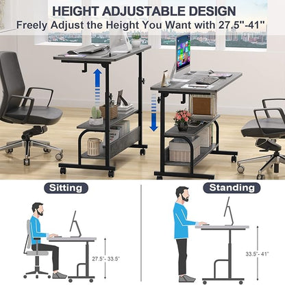 Height Adjustable Standing Desk with Power Outlets, 32" Manual Stand Up Desk with Storage Shelves Small Mobile Rolling Computer Desk Portable Laptop Table with Wheels for Home Office, Grey Oak