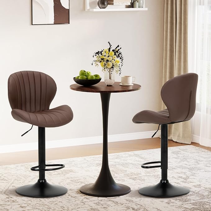 COLAMY Bar Stools Set of 6, Modern Swivel Bar Chairs, Adjustable Faux Leather Upholstered Barstools Counter Height with High Backrest for Bar, Kitchen Island, Dining Room, Brown