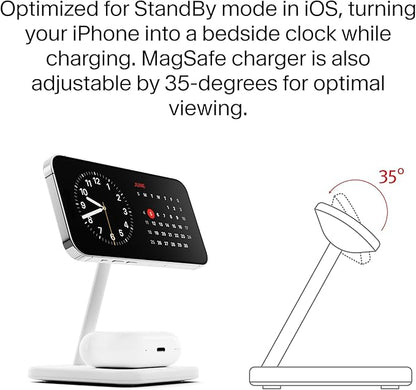 Twelve South HiRise 2 Deluxe 2-in-1 Wireless Charging Station for Apple Devices - Qi2 MagSafe Charger, Fast Wireless Charger Stand for iPhone 15 14 13 12 Pro & Max Series, AirPods Pro/3/2, White