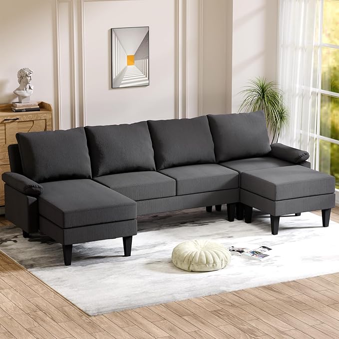 U Shaped Sectional Couch, Convertible Modular Sectional Sofa with Chaise & Ottomans, Modern 6 Seat U Shaped Couches for Living Room Apartment, Grey