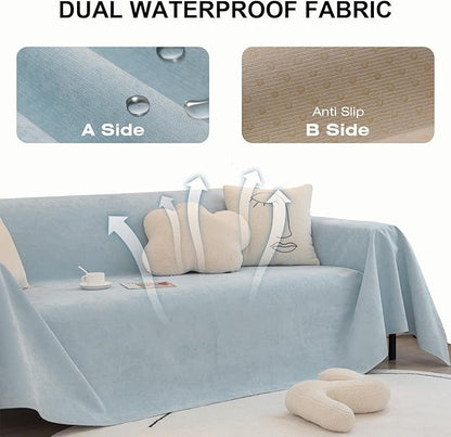 STACYPIK Waterproof Sky Blue Loveseat Couch Cover for Sectional, Couch Cover for Dogs, Anti-Slip Anti-Cat Scratch Furniture Protector for 2 Cushion Couch, Modern Couch Cushion Covers for Pets-71X90IN