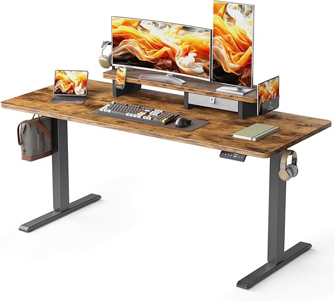 63x24 Inches Electric Standing Desk with Drawer and Monitor Stand, Height Adjustable Sit to Stand up Desk for Home Office, Ergonomic Computer Table with Phone Holder, 3 Hooks, Rustic Brown