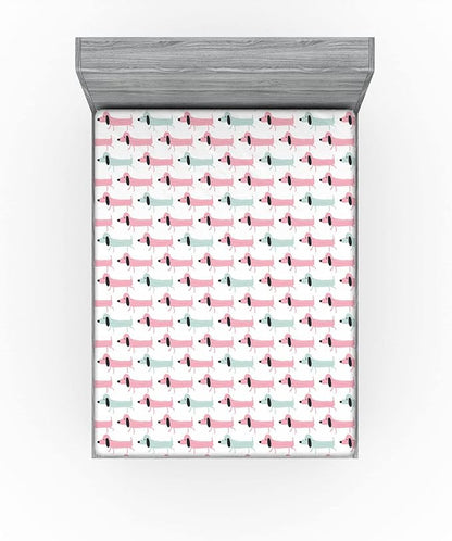 Ambesonne Dachshund 2 Pack Fitted Sheet, Funny Sausage Dogs, Bed Cover All-Round Elastic Deep Pockets 2 Pieces, Package Contains 2 Queen Size Fitted Sheets, Seafoam Pink
