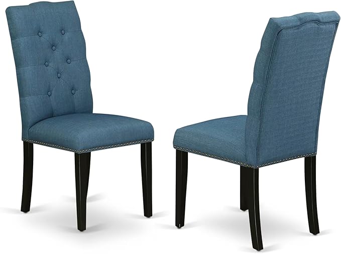 East West Furniture V677EL121-9 9 Piece Dining Set Includes a Rectangle Dining Room Table with V-Legs and 8 Blue Linen Fabric Upholstered Parson Chairs, 40x72 Inch, Multi-Color