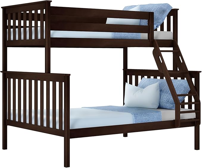 Max & Lily Bunk Bed Twin Over Full Size with Ladder, Solid Wood Platform Bed Frame with Ladder for Kids, 14" Safety Guardrails, Easy Assembly, No Box Spring Needed, Espresso