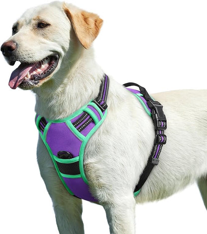Eagloo Dog Harness for Large Dogs, No Pull Service Vest with Reflective Strips and Control Handle, Adjustable and Comfortable for Walking, No Choke Pet Harness with 2 Metal Rings, Purple & Green, L