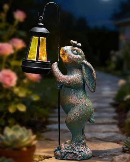 Garden Statues Outdoor Bunny with Solar Lantern – Rabbit Yard Decor, Waterproof Resin Figurine Pathway Light for Lawn & Patio
