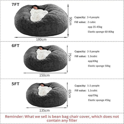 Bean Bag Chair for Adults Kids Without Filling Comfy Fluffy Giant Round Beanbag Lazy Sofa Cover for Reading Chair Floor Chair, 7FT, Grey