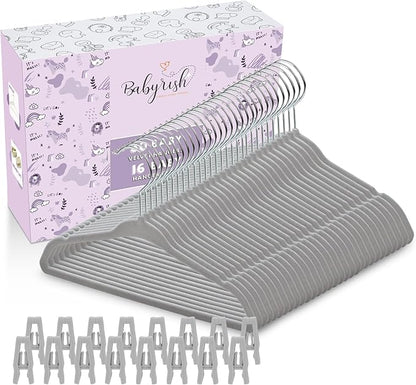 Velvet Baby Hangers with Clips (30 Pack) | 11” Ultra-Slim Baby Clothes Hangers | Non-Slip Felt | Space-Saving Nursery & Infant Closet Organizer | Gray