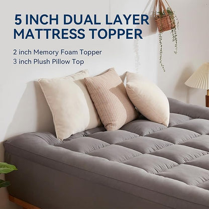 BDEUS Dual Layer 5 Inch Memory Foam Mattress Topper Full Size, 2 Inch Gel Memory Foam Plus 3 Inch 1450 GSM Down Alternative Quilted Pillow Top Mattress Pad Cover,Dark Gray