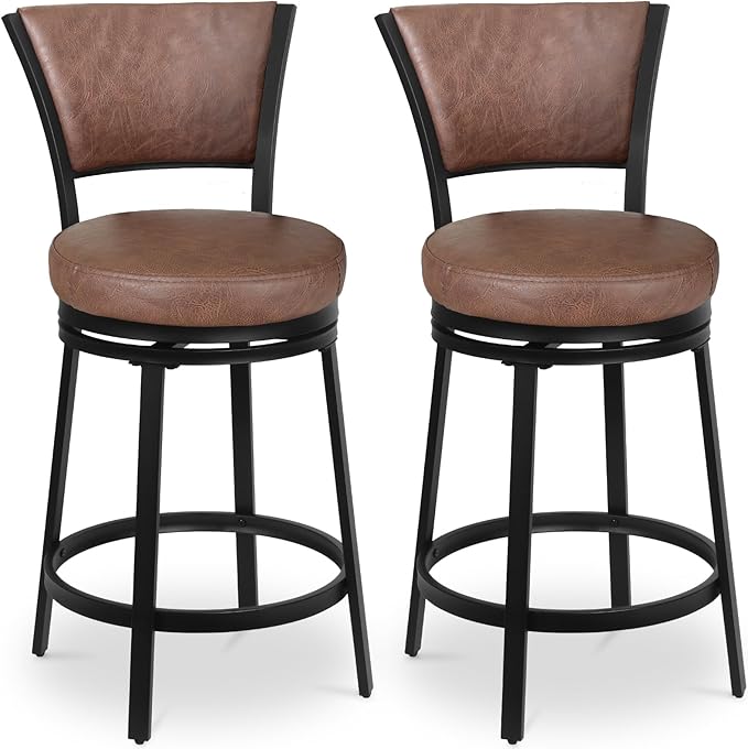 Bar Stools, Counter Height Barstools Set of 2, 25" Faux Leather Metal Round Swivel Bar Chairs with Back, Modern Upholstered Counter Stools for Kitchen Island, Brown