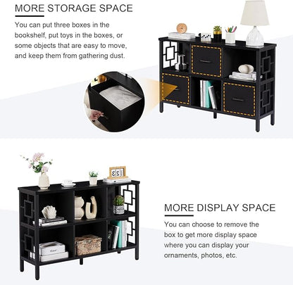 HOMISSUE 6 Cube Storage Organizer Shelf, Rustic Short Bookshelf with 3 Storage Bins, Industrial Horizontal Bookshelf with Metal Frame, Low and Wide Cube Bookcase for Living Room and Office, Black