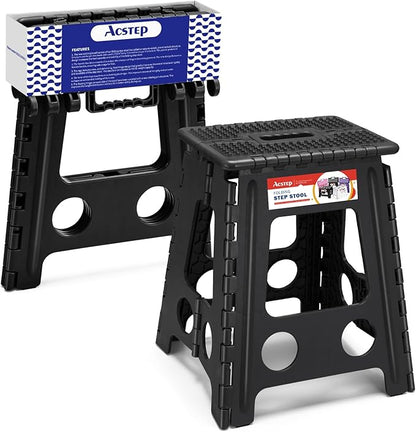 ACSTEP 16 Inch Folding Step Stool for Adults and Kids, Non-Slip Plastic Foldable Stepping Stool, Collapsible Folding Stool with Handle Holds Up to 400lbs for Kitchen, Dot Black (1 Pack)