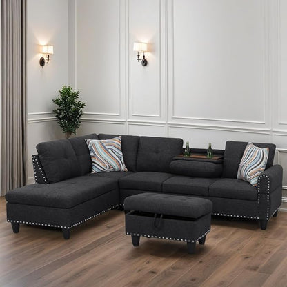 L Shaped Sectional Couches for Living Room, Modular 4 Seat Sofa with Ottoman Storage, Modern Couch with Chaise for Bedroom Apartment Furniture, Black