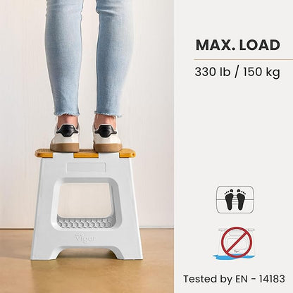 Vigar Compact Step Stool Foldable, 12-1/2-inch Step Stools for Adults up to 330 Pound, Lightweight Stool, Non-Slip Folding Step Stool, Grey, Bamboo Print on Top