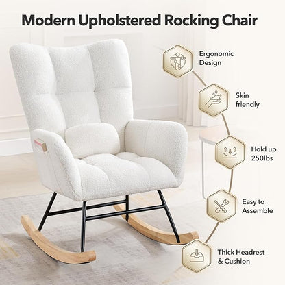 Nursery Rocking Chair,300Lb Glider Chair with Wood Legs/Two Side Pockets,Teddy Upholstered Glider Rocker with Padded Seat High Backrest for Living Room/Bedroom/Nursery