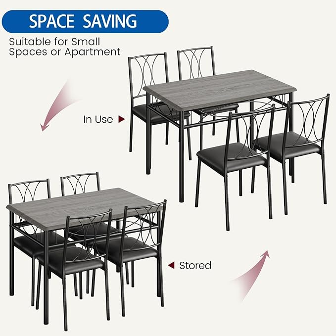 IDEALHOUSE Dining Table Set for 4, Kitchen Table and Chairs Set for 4, Rectangular Kitchen Table Set, 5 Piece Small Dining Table Set with Upholstered Chairs for Apartment, Small Space, Retro Gray
