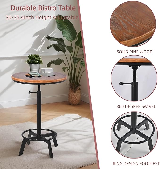 Farmhouse Bar Table 30-35.4inch Height Adjustable Rustic Bistro Pub Table for Kitchen Coffee House Vintage Cocktail Table Swivel Wooden Top