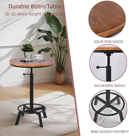 Farmhouse Bar Table 30-35.4inch Height Adjustable Rustic Bistro Pub Table for Kitchen Coffee House Vintage Cocktail Table Swivel Wooden Top
