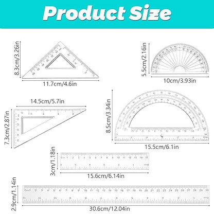 6PCS Small Clear Ruler 1 Set Plastic Geometry Set Includes 12 Inch 6 Inch Student Transparent Straight Rulers, 6" 4" Math Protractor, 30/60 and 45/90 Triangle Kids Ruler for School Office Supplies