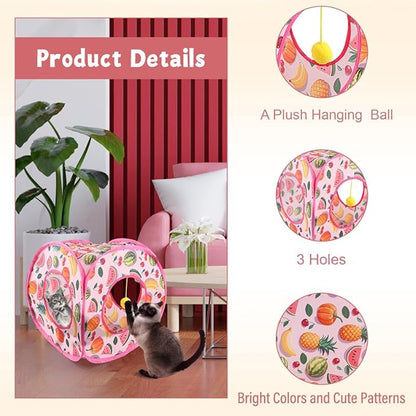 Andiker Small Cat Tents for Indoor Cats, Summer Fruit Patten 15" Foldable Cat Tube with 1 Plush Ball and 3 Holes Kitten Hide-and-Seek Toy to Relieve Boredom Also for Kitten Rabbits (Pink)