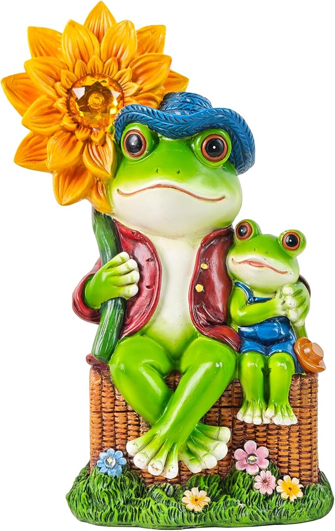 Outdoor Frog Garden Decor: 9'' Yard Decoration with Sunflower Light Funny Solar Frog Gifts for Women Mother's Day Housewarming Gift