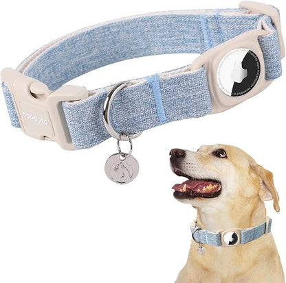 DOGWONG Airtag Cotton Hemp Dog Collar, Heavy-Duty Dog Collar with Airtag Holder Blue Natural Fabric Pet Collars for Small Medium Large Dogs