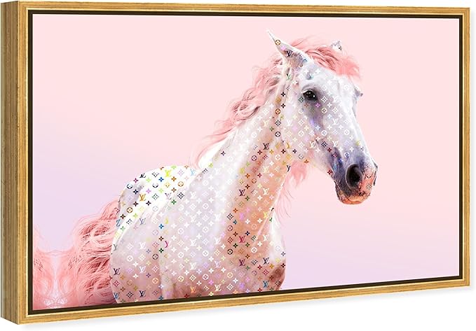 Country Farmhouse Canvas Print Painting Animal Wall Art 'Pink Glam Horse' Gold Framed Canvas Rustic Home Décor 24x16 in Pink, White by Oliver Gal