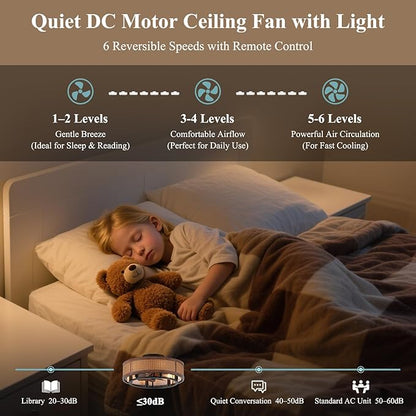 NORFOLK 20" Boho Ceiling Fan with Light, Flush Mount Ceiling Fan with Quiet Energy-Saving DC Motor & 6 E12 LED Bulbs Included, Farmhouse Rattan Caged Ceiling Fan with Light for Bedroom Living Room
