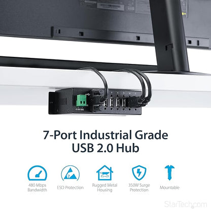 StarTech.com 7-Port USB 2.0 Hub - Metal Industrial USB-A Hub with ESD Protection & 350W Surge Protection - Din Rail, Wall or Desk Mountable - TAA Compliant USB Expander Hub (ST7200USBM)