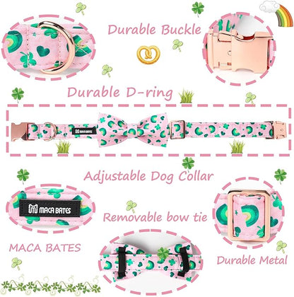 Maca Bates St. Patrick's Day Shamrock Dog Collar,Fancy Bow Tie,Extra Small Girl Boy Dogs, Pink,Green Rainbow,Four Leaf Clover Pattern,Adjustable Durable Soft Collars Irish Gift for Male Female Puppy