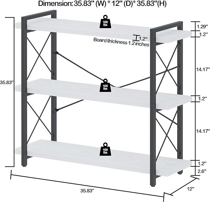 HCHQHS Bookshelf, 3-Tier Industrial Bookcase, Open Book Shelf, Freestanding Horizontal Bookshelves with Metal Frame