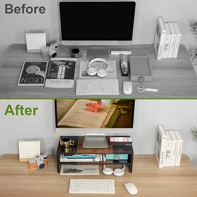 TEAMIX 2 Tiers Desktop Monitor Stand Riser 20 Inch Printer Stand with Storage Small TV Riser Laptop Wooden Desk Organizer Shelf Bookshelf (Black+Brown, 2 tiers)