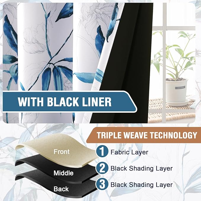 H.VERSAILTEX 100% Blackout Curtains 108 inch Length 2 Panels Set Printed Drapes Thermal Insulated Curtains for Bedroom with Black Liner Sound Proof Curtains, Bella Vista Indigo