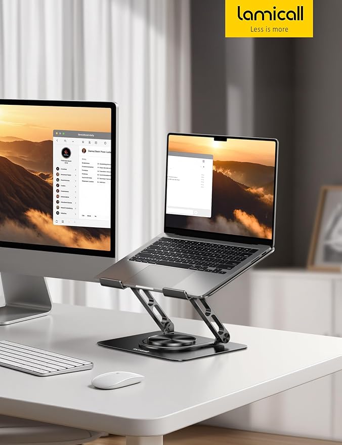 Lamicall Adjustable Laptop Stand for Desk - 360 Rotating Base Ergonomic Computer Stand, Aluminum Laptop Riser Foldable Protable for Office Home fits MacBook Air Pro, Dell, HP (10-17.3'') - Black
