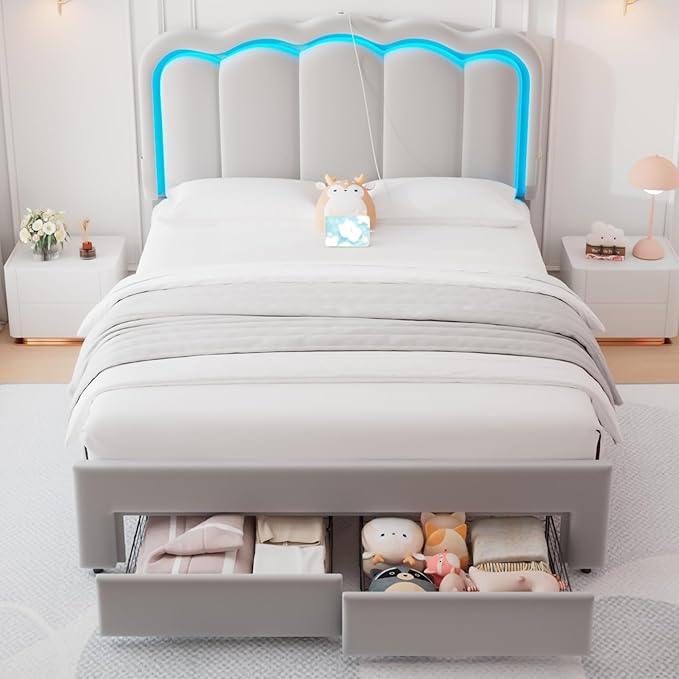 Full Upholstered LED Bed Frame with 2 Storage Drawers and Adjustable Chic Double Wavy Headboard, Velvet Prince Platform Bed with Charing Station, Solid Wood Slats Support,No Box Spring Needed,Grey