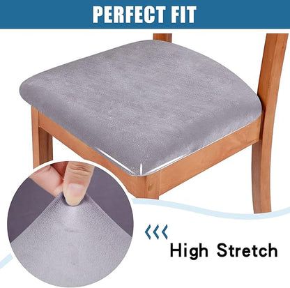 Smiry Velvet Seat Covers for Dining Room Chair Set of 4, Stretch Fit Removable Washable Chair Seat Cushion Protector Slipcovers with Ties, Light Grey