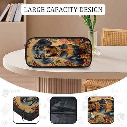Cute Dachshund Backpack Set 3 Piece School Bags and Lunch Box with Pencil Case Funny Flower Dog Animal Bookbag Set for Toddler Kids Girls Boys Teens Kindergarten Elementary Middle