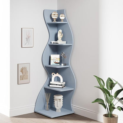 Tribesigns Corner Shelf, Modern 5-Tier Wall Corner Bookshelf, Stylish Corner Small Bookcase Storage Rack Plant Stand with Unique Shape for Living Room, Home Office (Blue, 1PC)