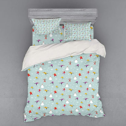 Ambesonne Ice Skates Bedding Set, Colorful Merry Christmas Theme with Human and Snowflakes Pattern, 4 Piece Duvet Cover Set with Shams and Fitted Sheet, Queen Size, Pale Seafoam Multicolor