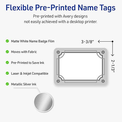 Avery Printable Christmas Adhesive Name Badges, Rectangle, 2-1/3" x 3-3/8", Pre-Printed Metallic Silver Border with Black Snowflakes Design, Matte White, Laser & Inkjet Compatible, 80 Total