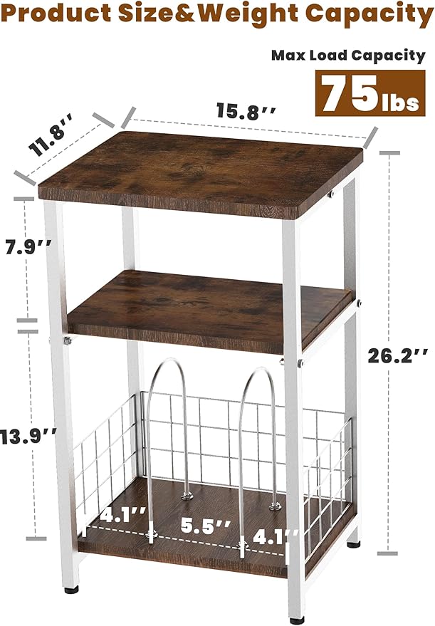 Record Player Stand, 3 Tier Side End Table with Vinyl Record Storage Basket, Turntable up to 100 Albums Record Shelf Display Holder Cabinet for Living Room, Bedroom, Office, White