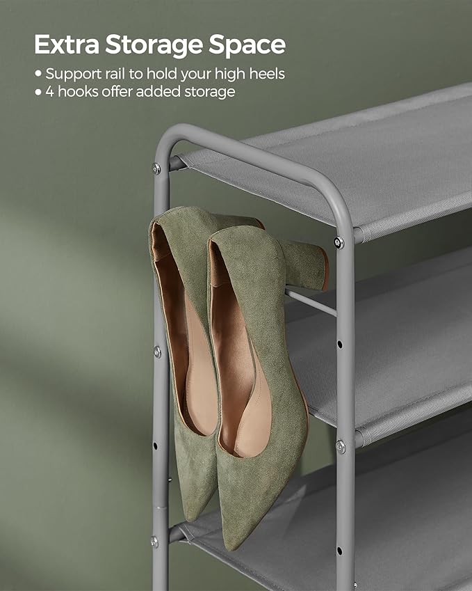 SONGMICS Shoe Rack, 2-Tier Shoe Organizer, Fabric Shoe Shelf Storage with 4 Hooks, Holds up to 12 Pairs of Shoes, Height-Adjustable Shoe Rack for Entryway, Hallway, Closet, Easy Assembly, Dove Gray