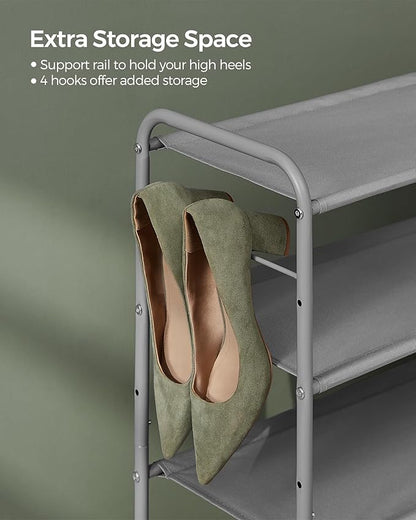 SONGMICS Shoe Rack, 2-Tier Shoe Organizer, Fabric Shoe Shelf Storage with 4 Hooks, Holds up to 12 Pairs of Shoes, Height-Adjustable Shoe Rack for Entryway, Hallway, Closet, Easy Assembly, Dove Gray